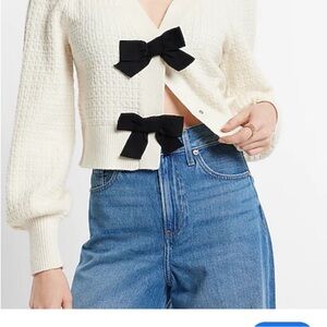Express White Cardigan with Black Bow Details